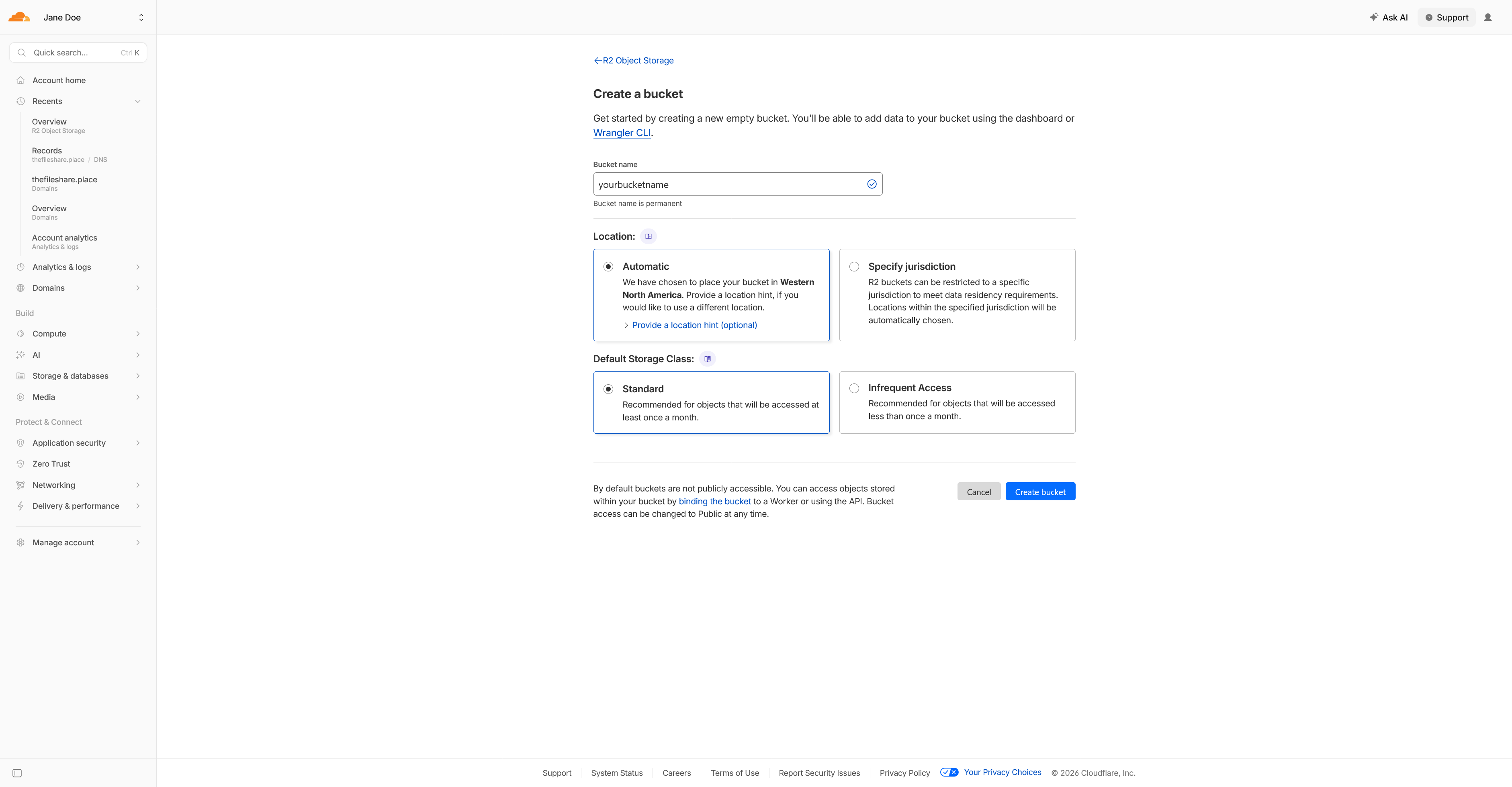 Cloudflare R2 create bucket dialog