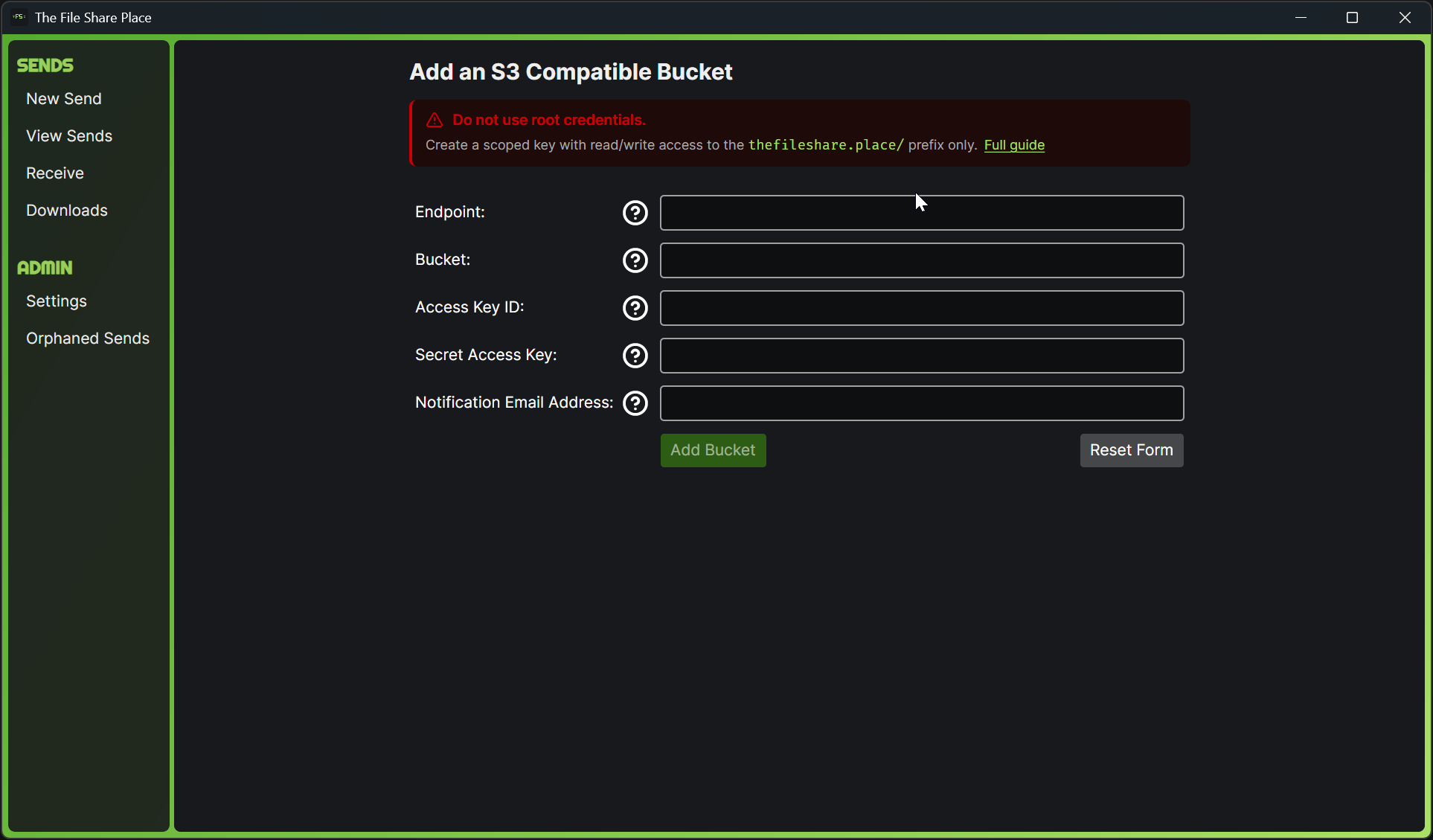Add Bucket screen in the app