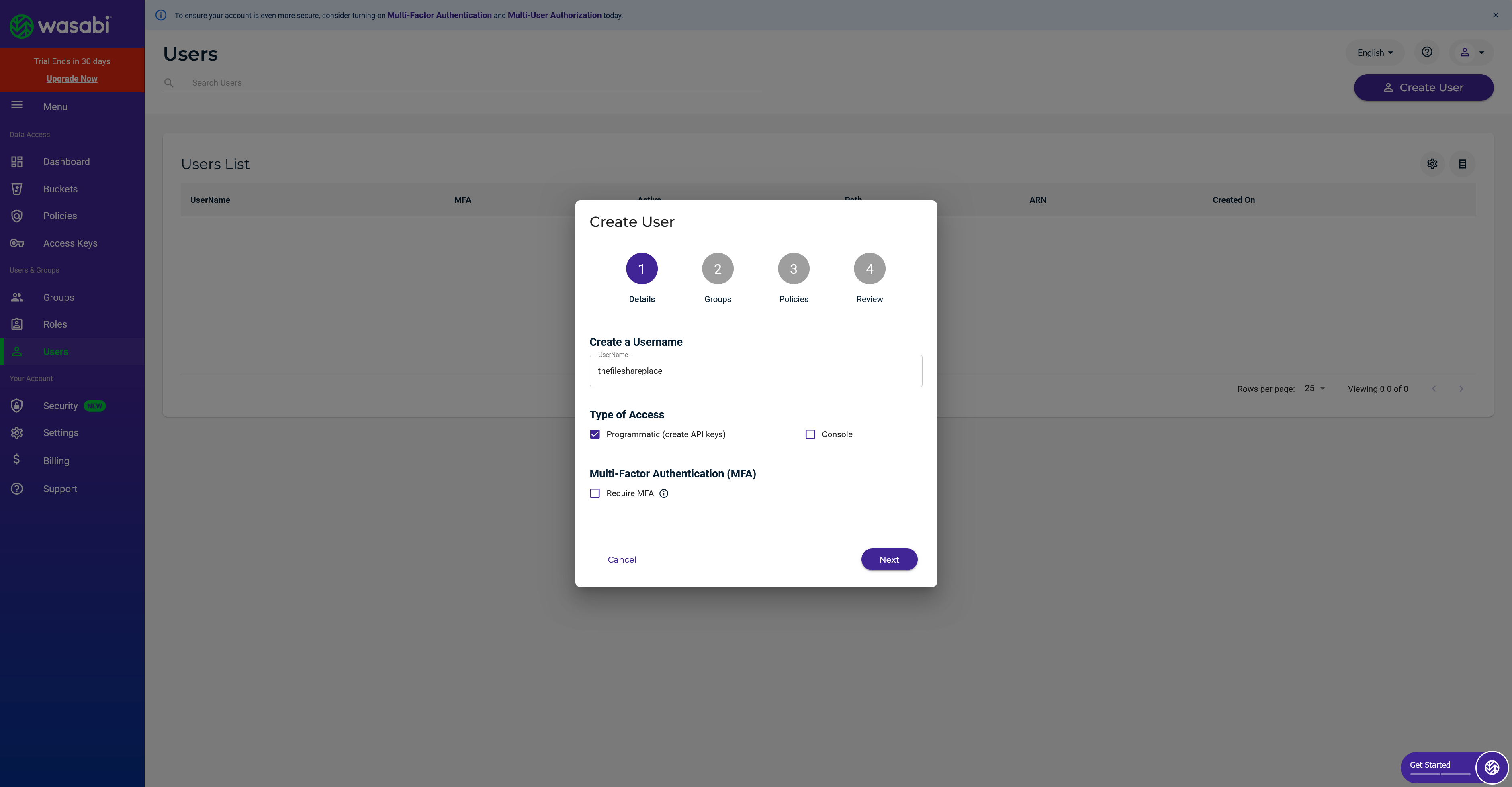 Wasabi new user access key dialog
